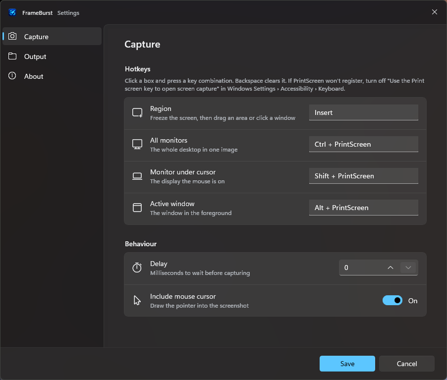 FrameBurst settings showing capture hotkeys for region, all monitors, monitor under cursor and active window